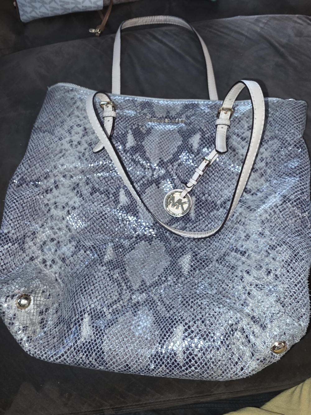 Michael Kors Metallic Gray Snake-Print Tote